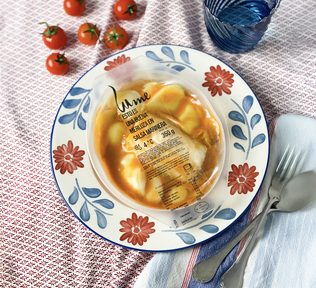 Merluza en salsa marinera con patatas y gambones B/390 g